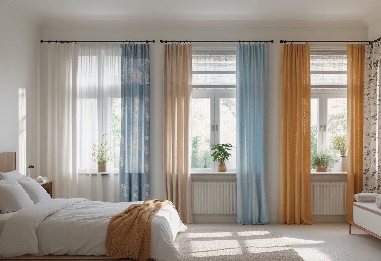 A bedroom with ten windows, each featuring a different style of short curtains, with a bed and bedside tables visible.