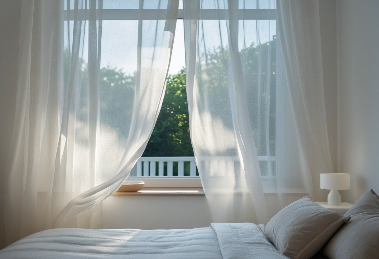A bedroom with white sheer curtains hanging to the window sill, sunlight filtering through, and a neatly made bed nearby.