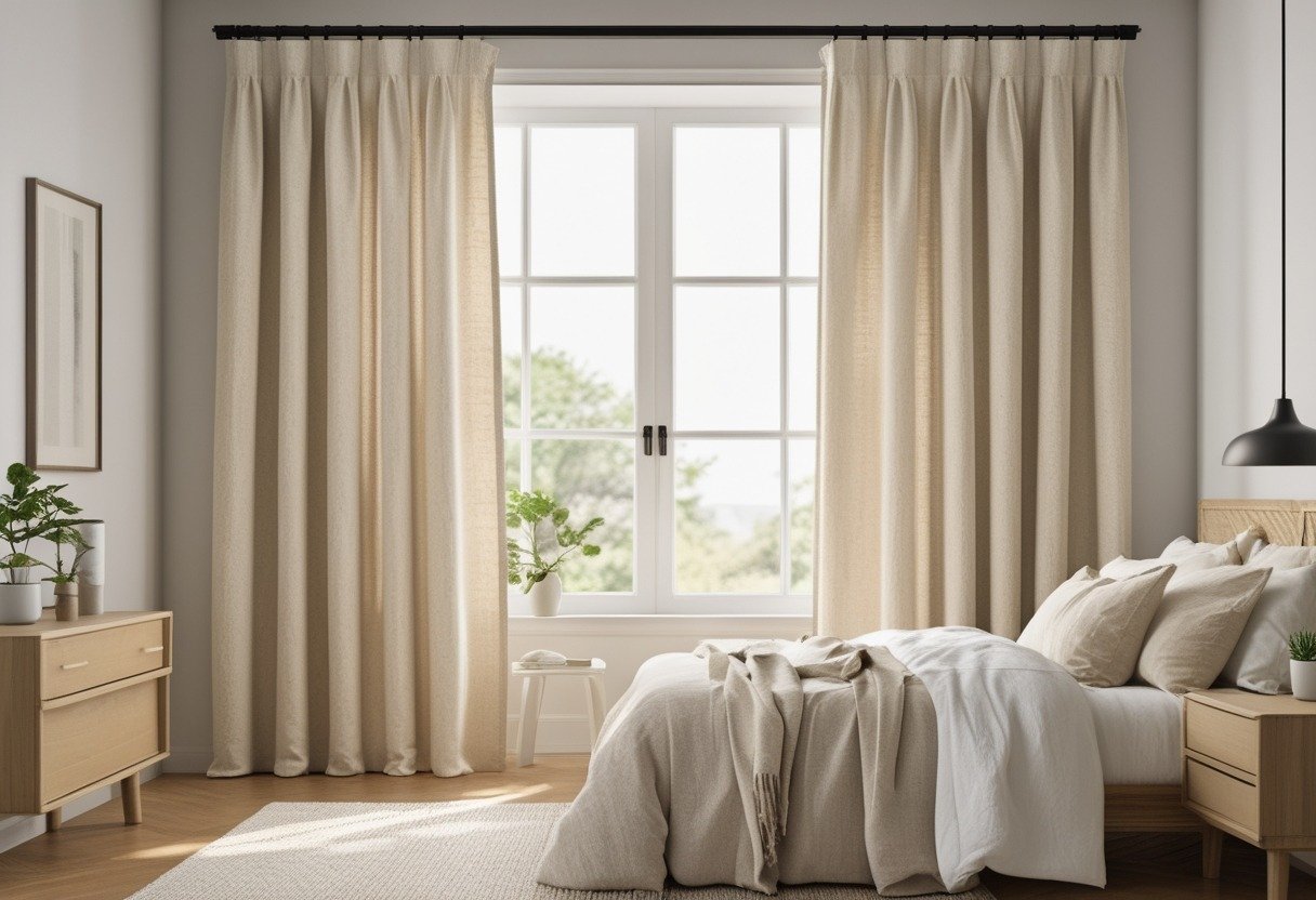 A bedroom with beige linen short curtains hanging over a window, natural light filling the room, and a neatly made bed with neutral bedding.