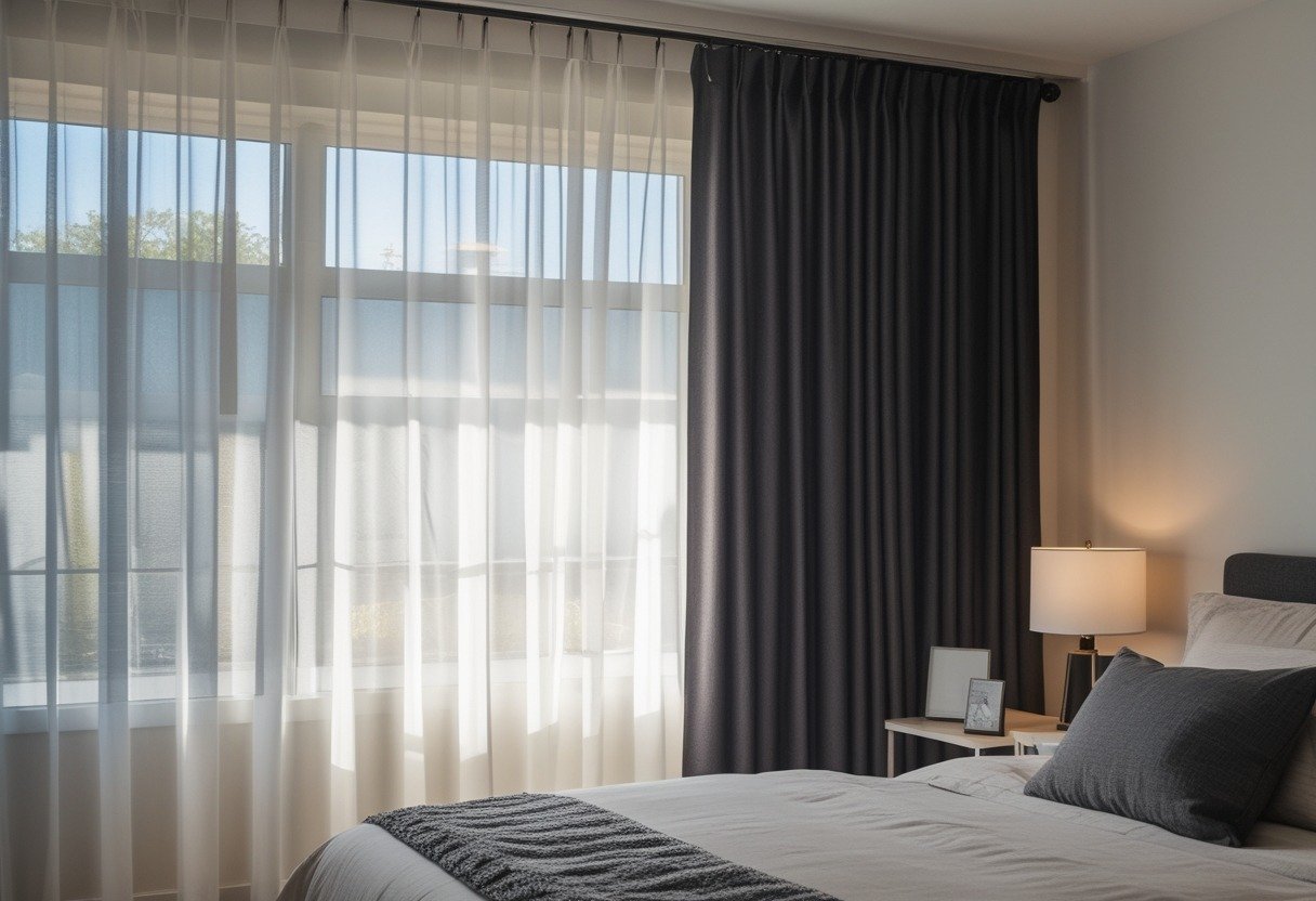 A bedroom window with short dark blackout curtains layered over white sheer curtains, letting in soft natural light.