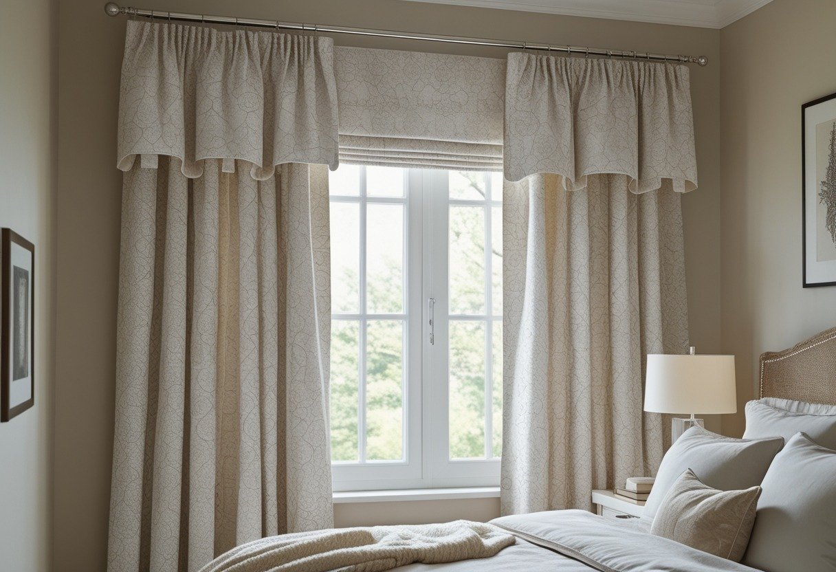 A bedroom with a window covered by a patterned valance and short side curtains, a bed with pillows, and a bedside table with a lamp.