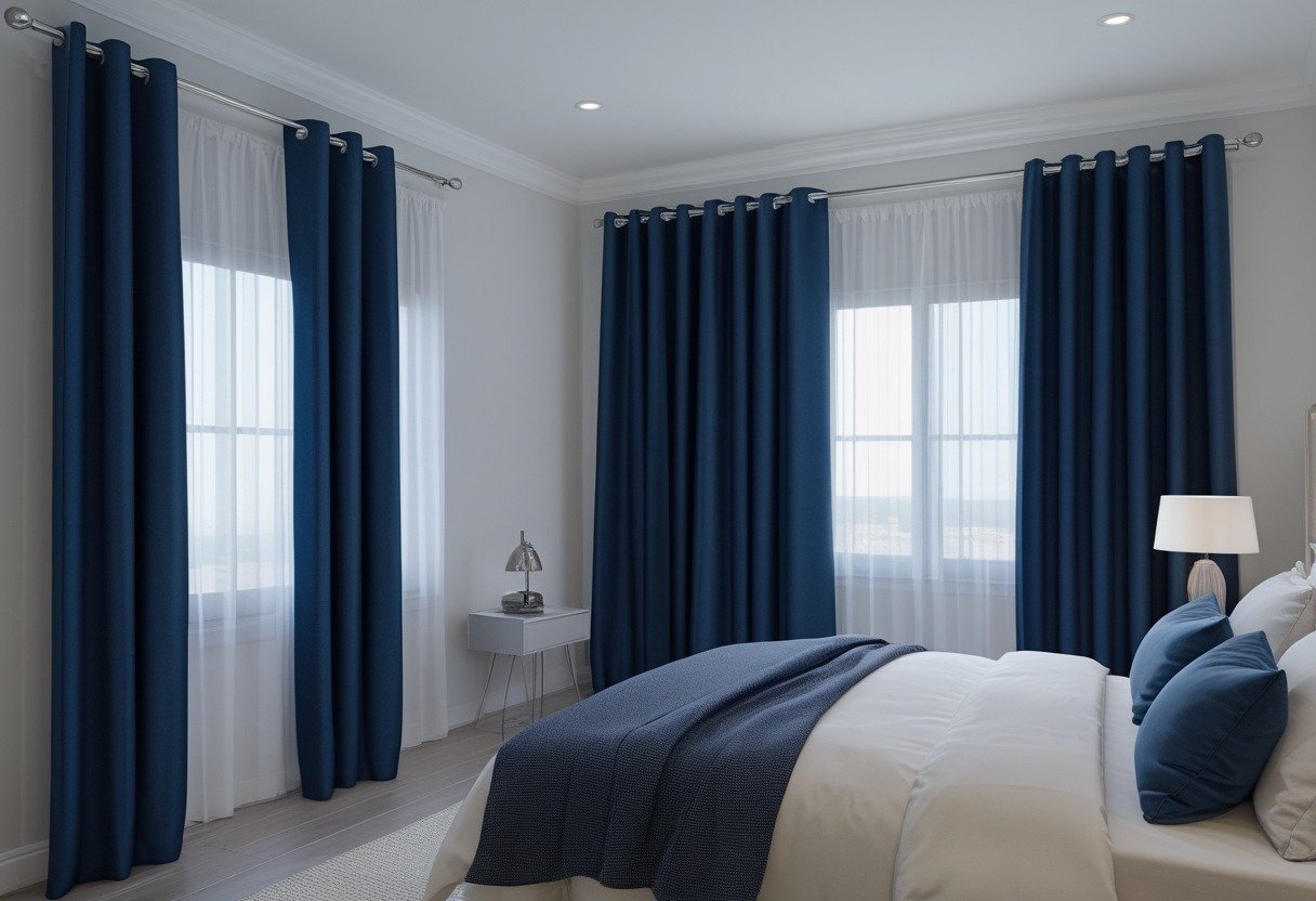 A bedroom with a large window covered by deep navy blue cropped curtains hanging from a curtain rod, a bed with neutral bedding, and a bedside table with a lamp.