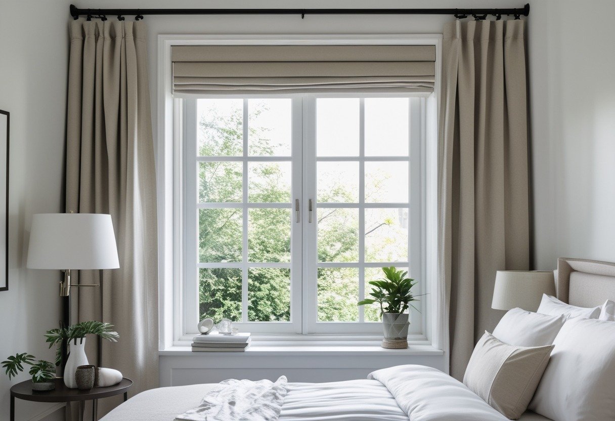 A bedroom with a window covered by short curtains mounted inside the window frame, letting in natural light.