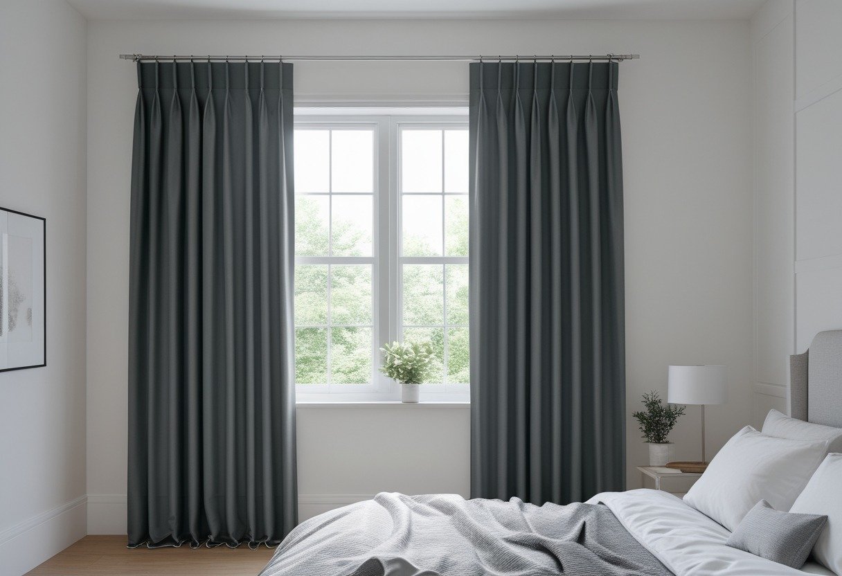 A bedroom with a large window covered by dark pleated curtains reaching the sill, with a bed and bedside table nearby.