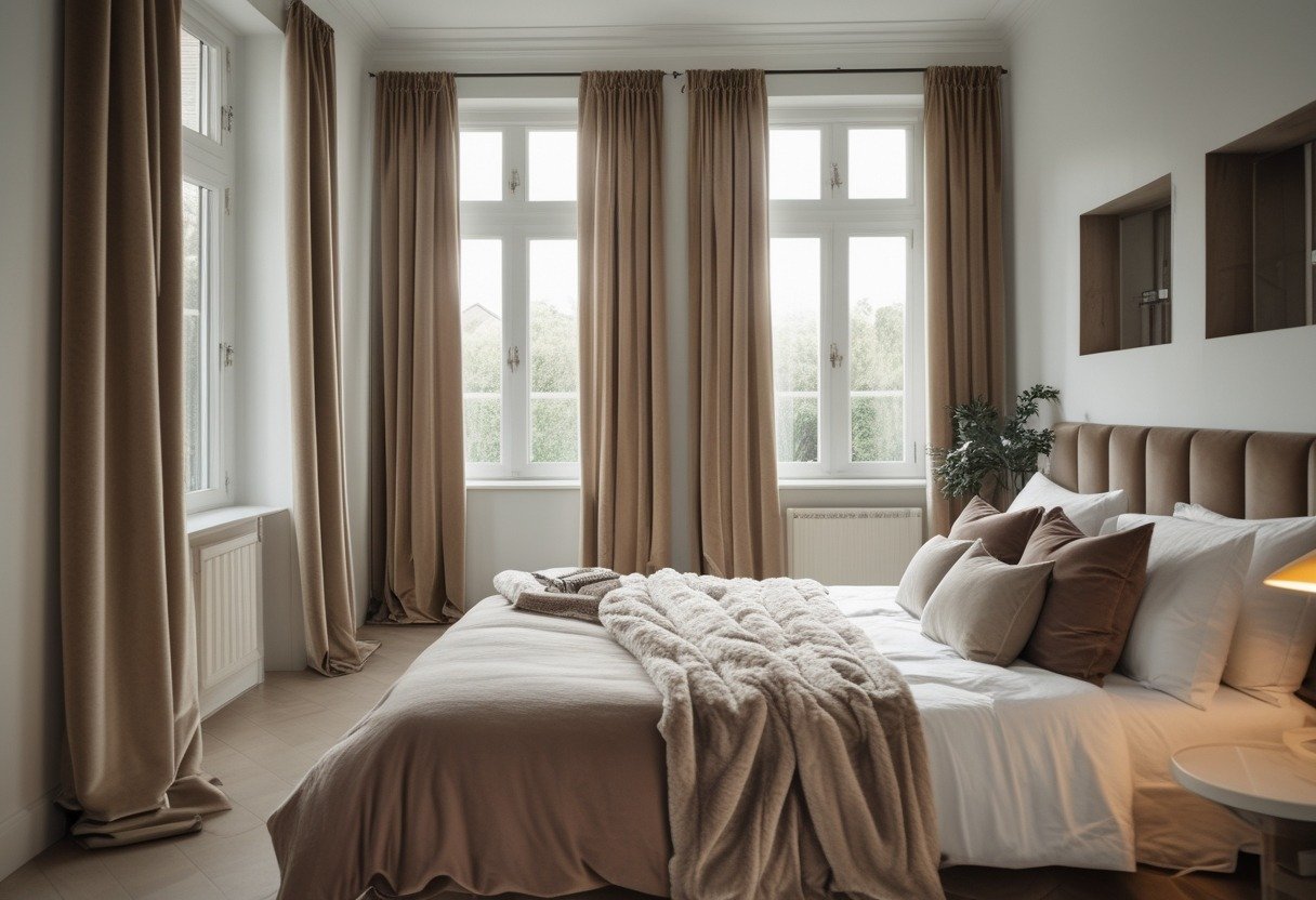 A bedroom with short velvet curtains hanging below the windows, a neatly made bed, and soft natural light filling the room.