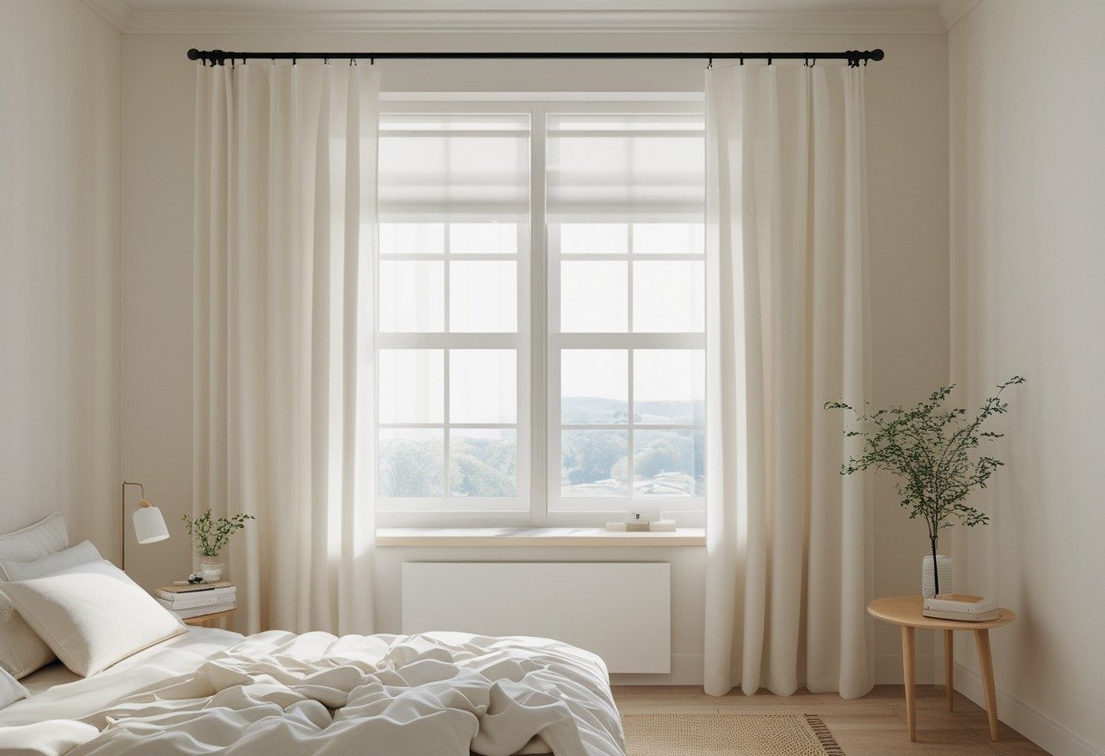 A bedroom with short light-filtering cotton curtains on a window, letting in soft natural light.