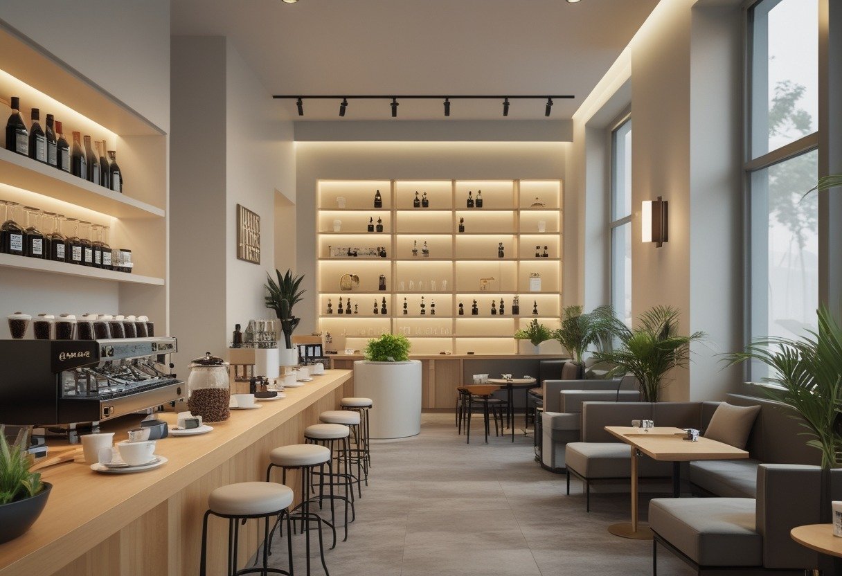 Interior of a modern coffee and wine bar with a wooden counter, coffee equipment, wine bottles on shelves, seating areas, and plants.