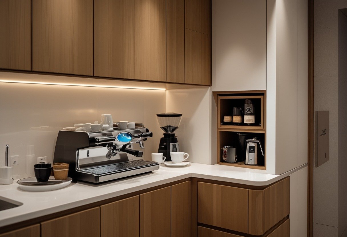 A built-in espresso nook with an espresso machine and hidden grinder storage in a modern kitchen setting.