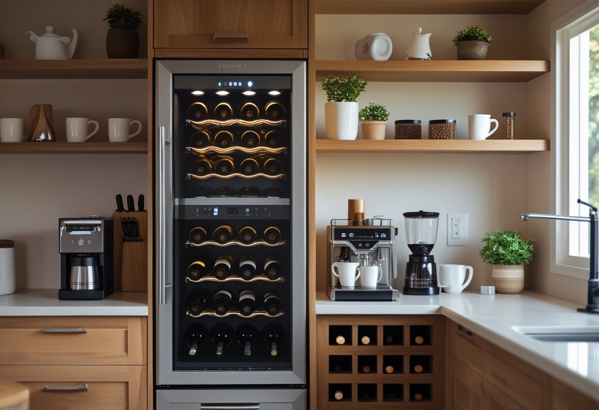 A home setup with a wine refrigerator next to open shelves holding coffee equipment and accessories.
