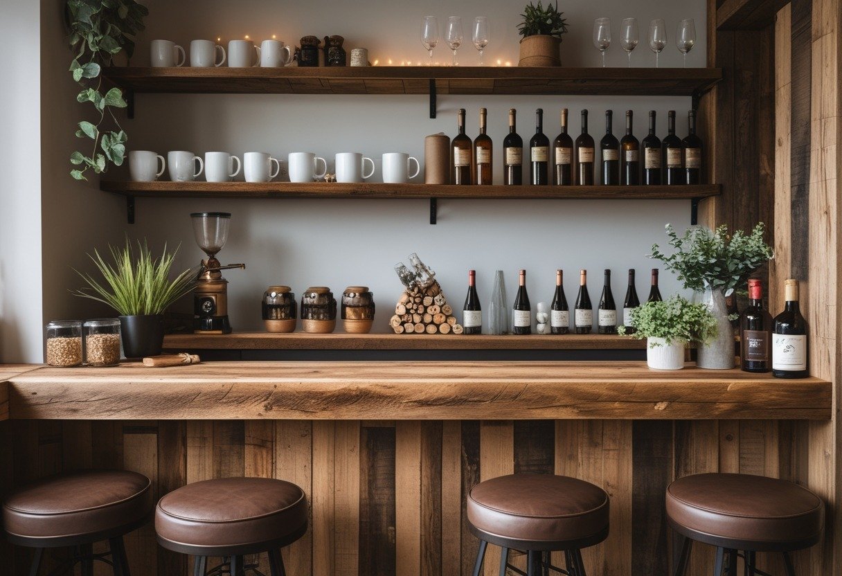 A cozy coffee and wine corner with a reclaimed wood bar, shelves holding coffee mugs and wine bottles, bar stools, and plants.