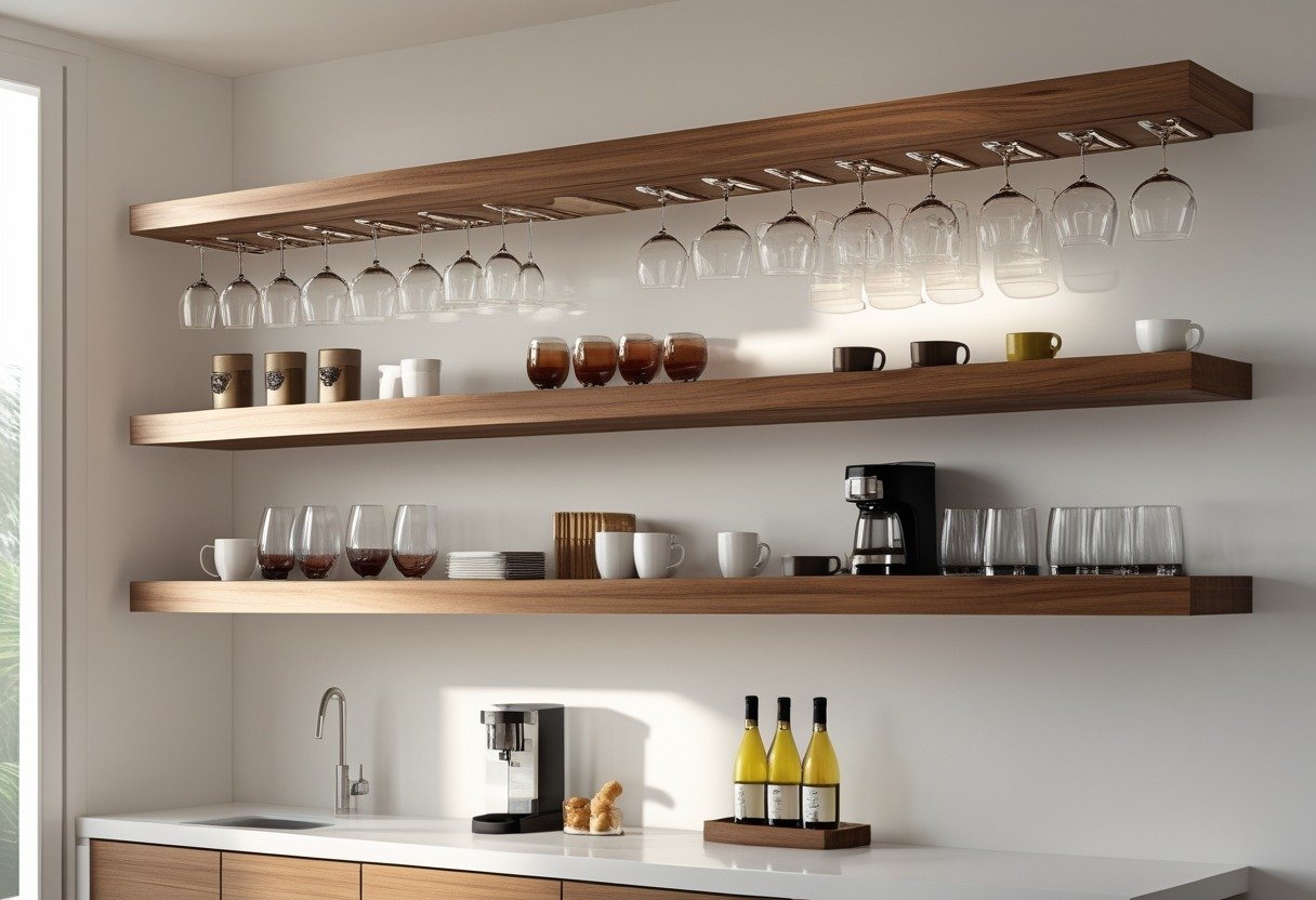 A home bar area with floating wooden shelves holding coffee mugs, wine bottles, and hanging wine glasses.