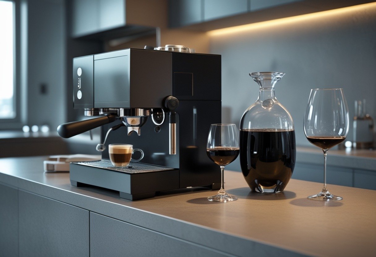 A kitchen countertop featuring a modern espresso machine with a cup of espresso and a wine decanter with a glass of wine side by side.