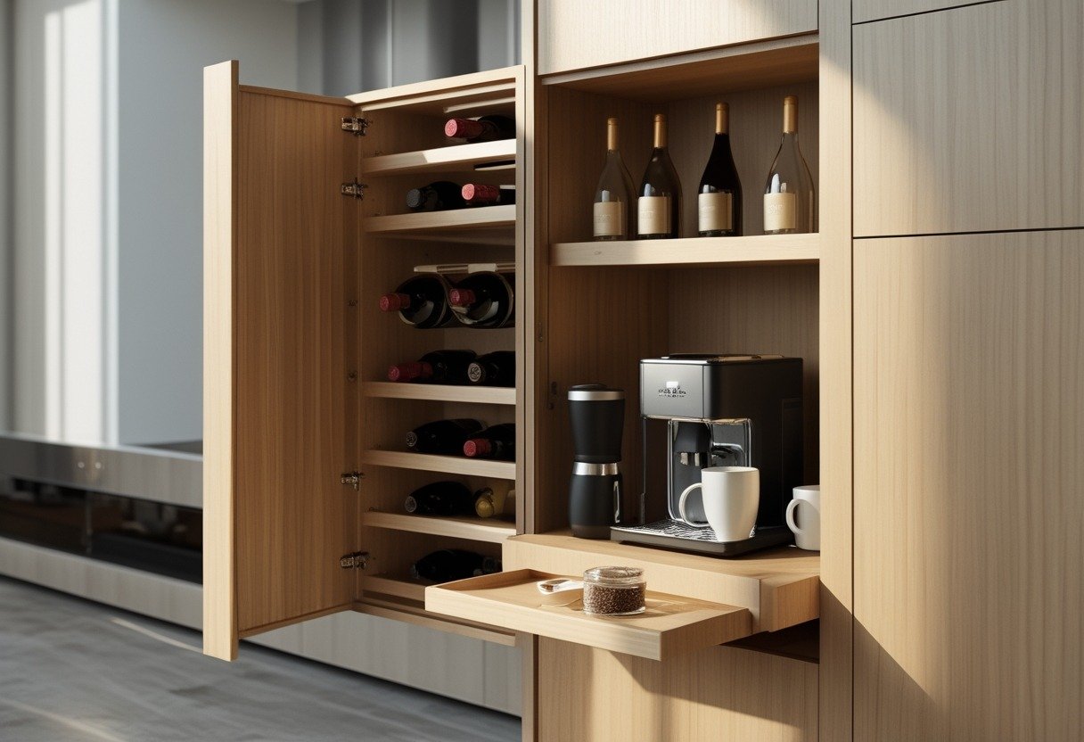 A hidden coffee cabinet with a pull-out wine rack displaying wine bottles and coffee accessories in a modern kitchen setting.
