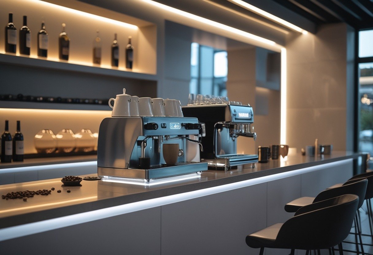A modern bar area with LED lighting featuring a built-in moka pot station and wine bottles on shelves.