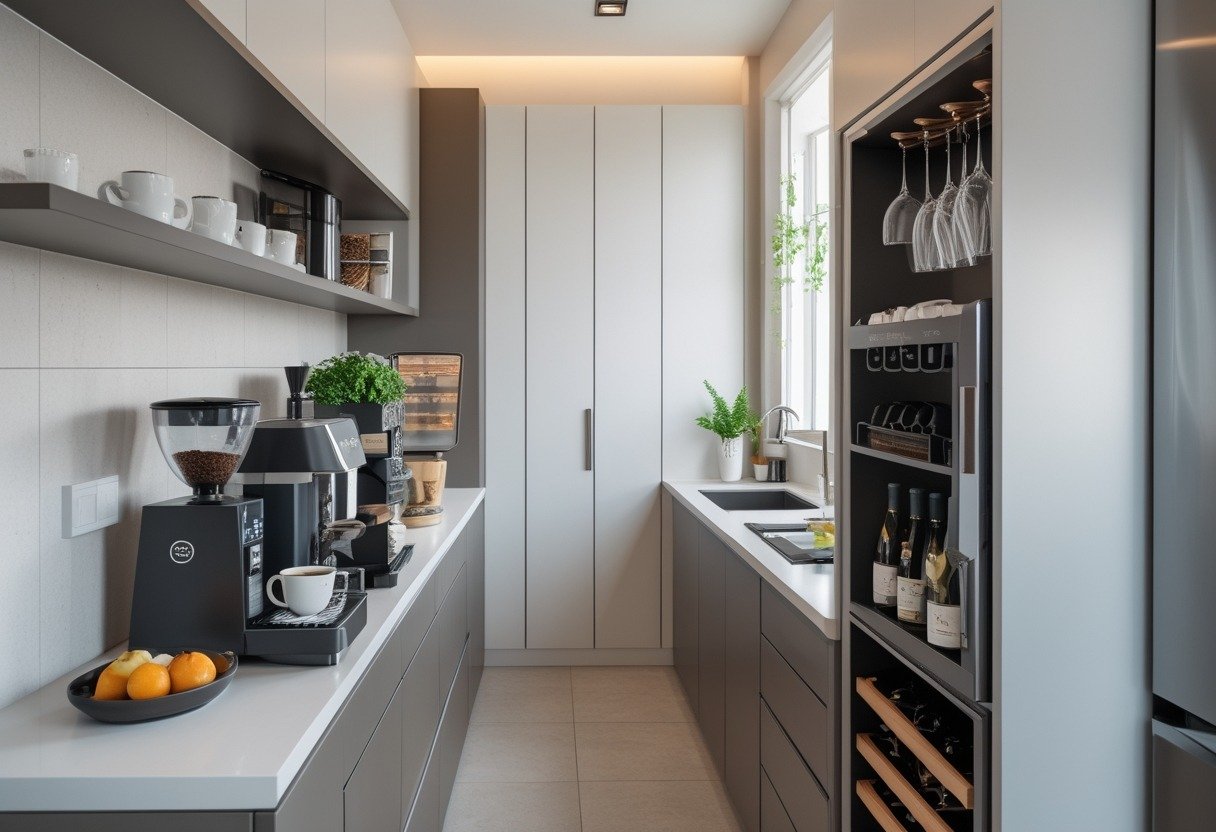 A narrow kitchen space with a coffee station on one side and a wine bar setup on the other, featuring coffee equipment, wine bottles, and glasses.