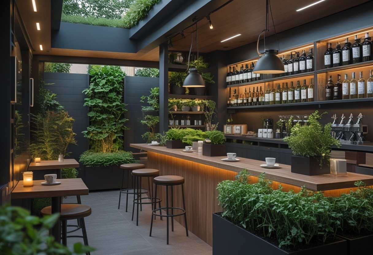 Indoor coffee and wine bar with herb planters, wooden counter, bar stools, and bottles on shelves.