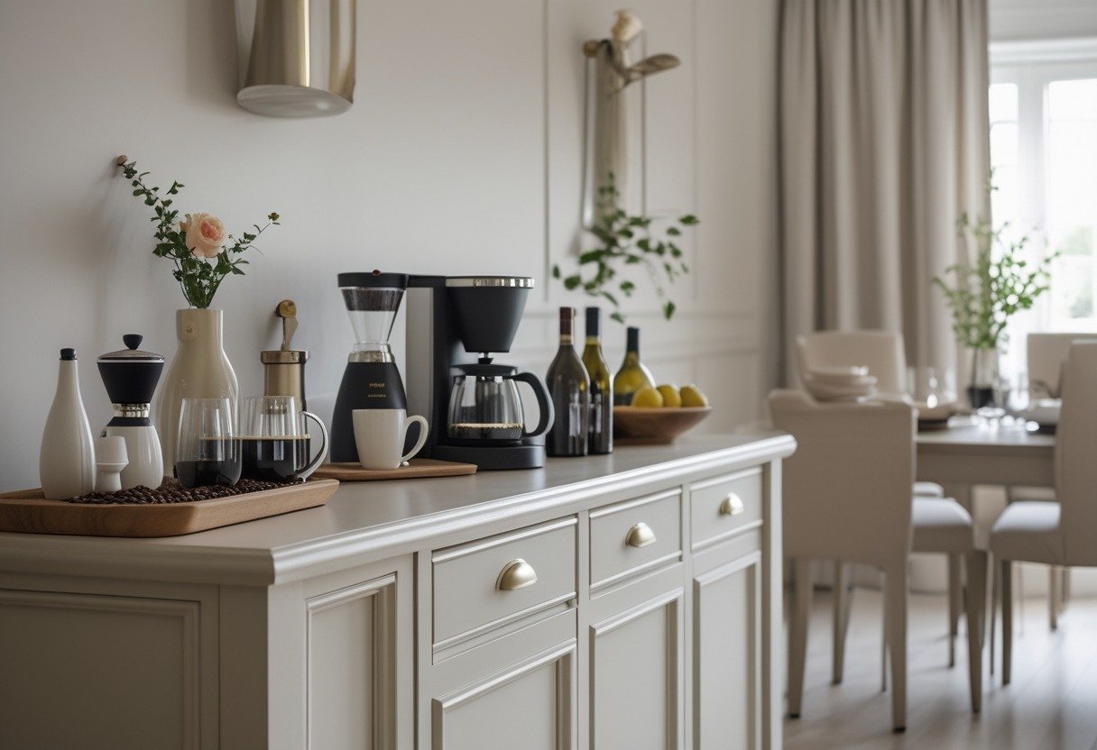 A dining room sideboard set up with coffee equipment and wine bottles, decorated with flowers and fruit in a softly lit room.