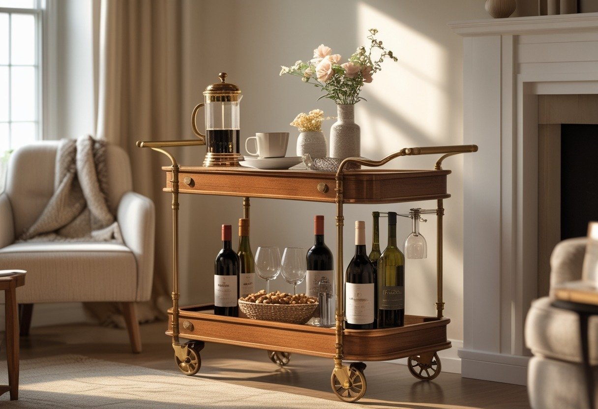 A vintage bar cart with coffee items on the top shelf and wine bottles and glasses on the bottom shelf, set in a cozy living room corner with a chair and a small table nearby.