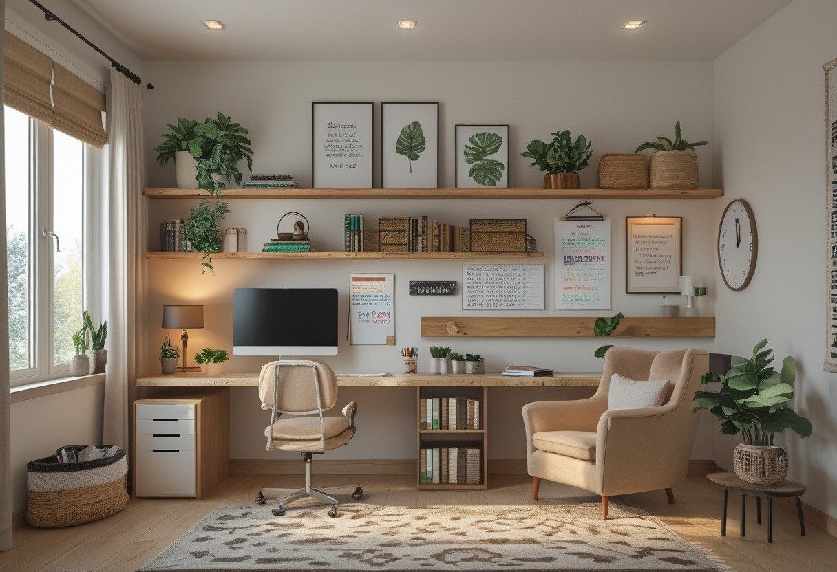 A bright study room with a desk, chair, bookshelves, plants, lamps, and a cozy reading nook arranged to show various decor ideas.