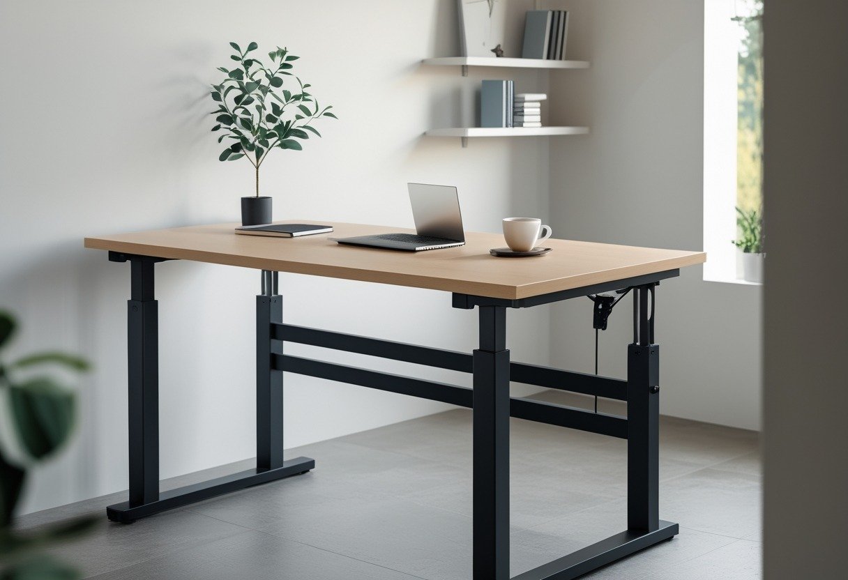 A study room with an ergonomic standing desk set at adjustable height, featuring a laptop, notebook, coffee cup, and a small plant, with shelves and natural light in the background.