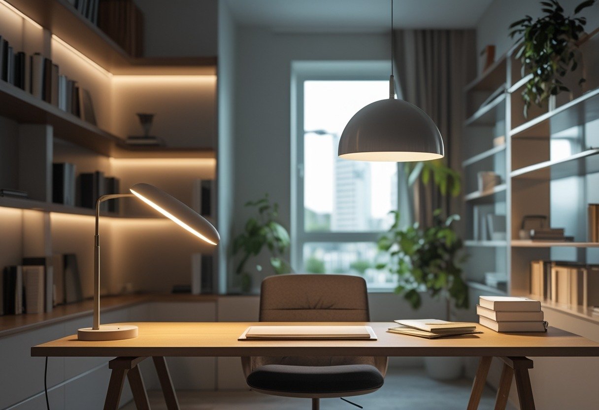 A study room with a desk, task lamp, ambient pendant light, bookshelves, and a chair.