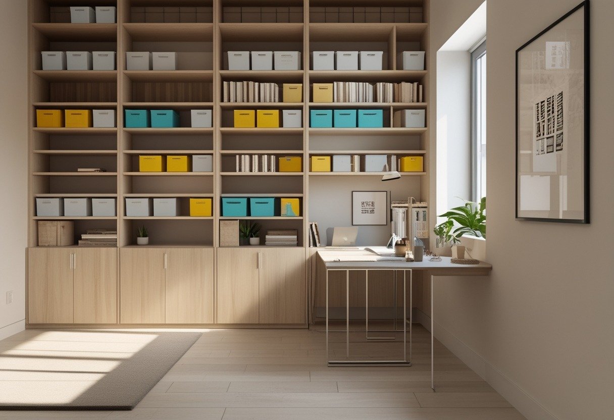 A study room with built-in wall shelves holding organized storage bins and a tidy desk nearby.