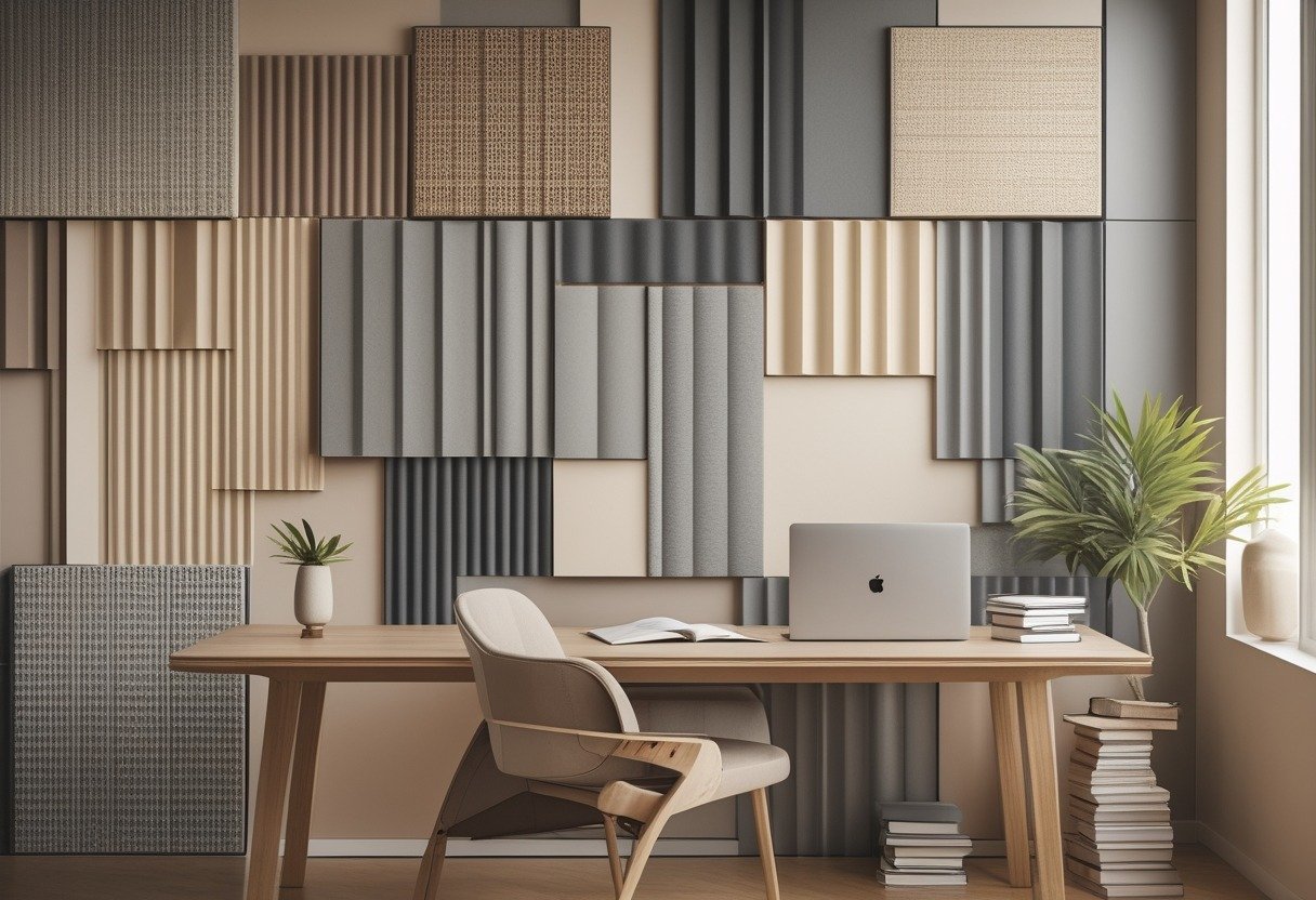 A study room with neutral-colored acoustic panels on the walls, a wooden desk with a laptop, an ergonomic chair, and a small plant by a window.