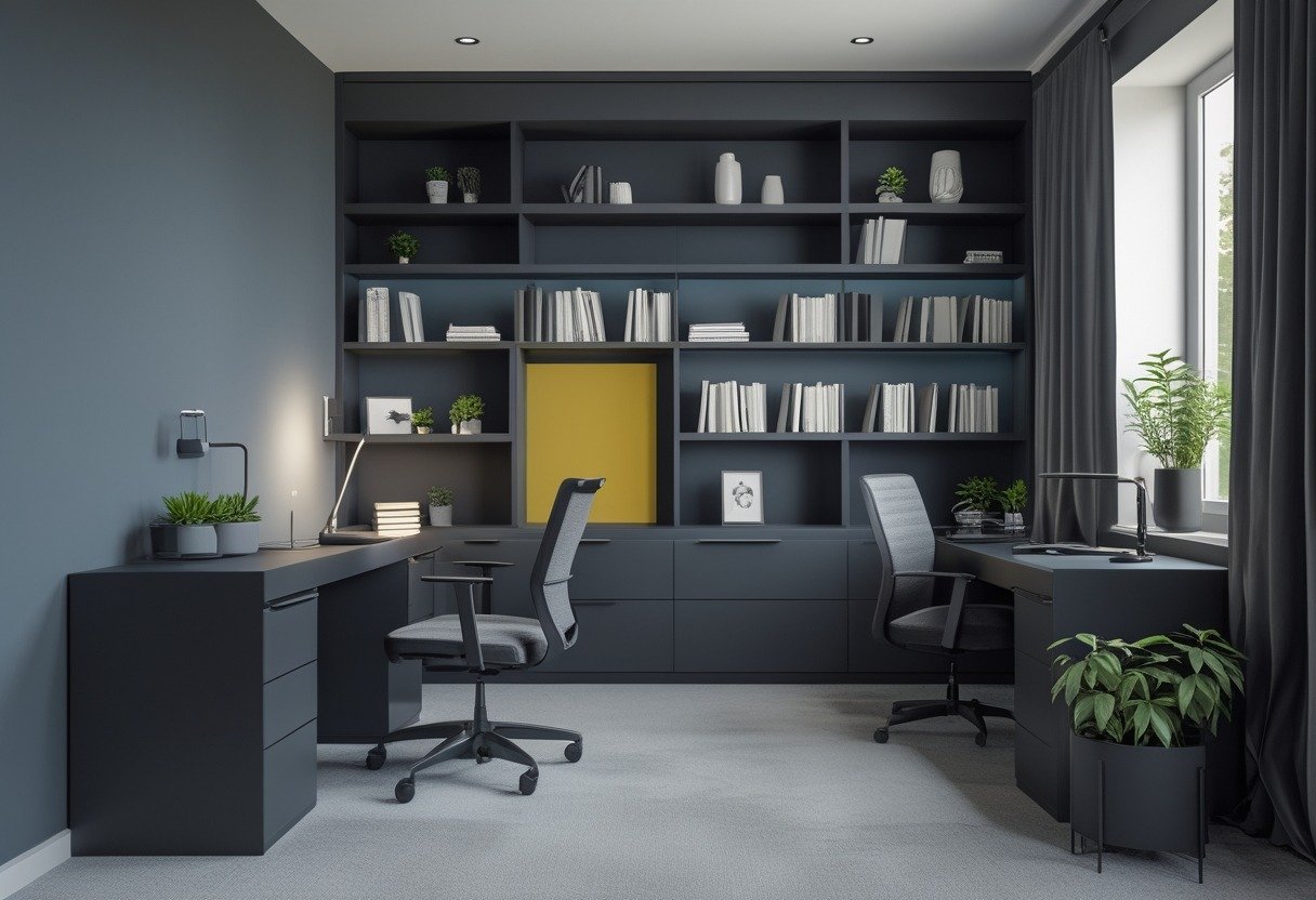 A study room with a desk, chair, bookshelves, a desk lamp, and a small plant, lit by natural light.