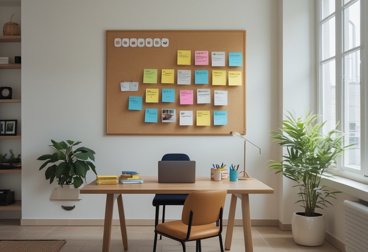A large cork or felt pinboard with colorful notes and photos in a bright study room with a desk, laptop, plant, and chair.