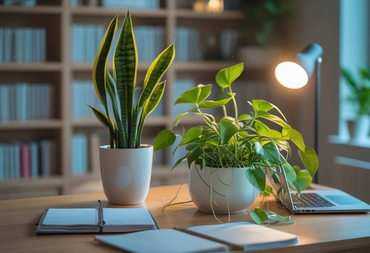 A study desk with a snake plant and a pothos plant placed on it, surrounded by study materials and a lamp in a cozy room.
