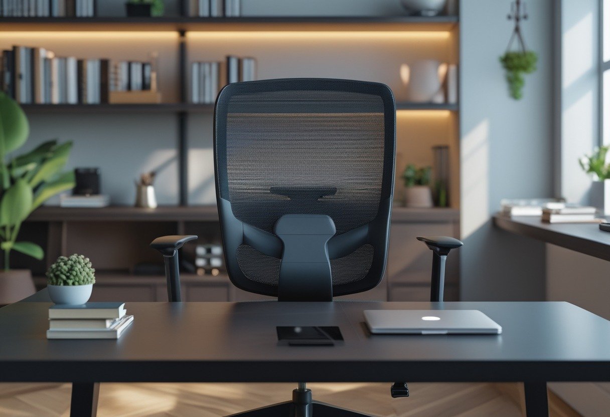 A study room with a black mesh lumbar-support office chair in front of a wooden desk, surrounded by books and plants.