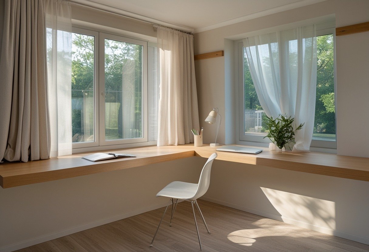 A floating wooden desk in a window alcove with natural light, featuring study items and a chair.