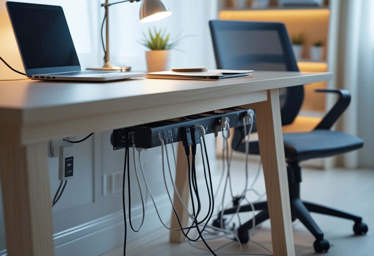 A tidy study room with a wooden desk, an under-desk power strip, and a cable-management tray organizing cables beneath the desk.