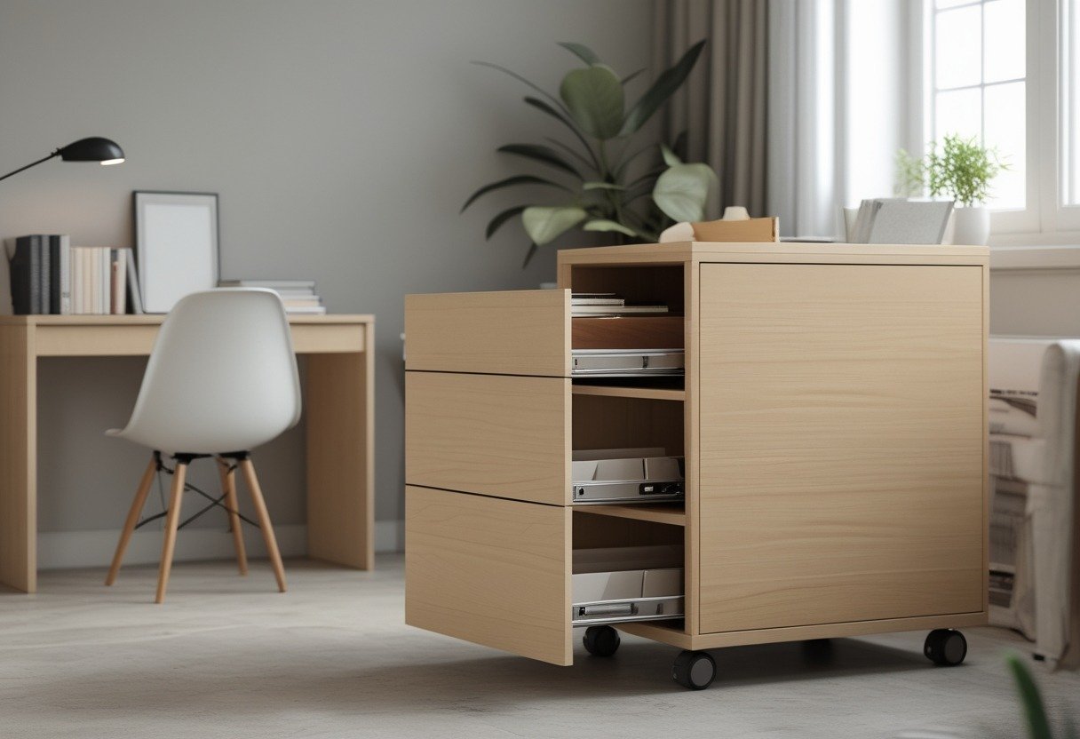 A minimalist file cabinet with roll-out drawers in a tidy study room with a desk, chair, books, and a small plant.