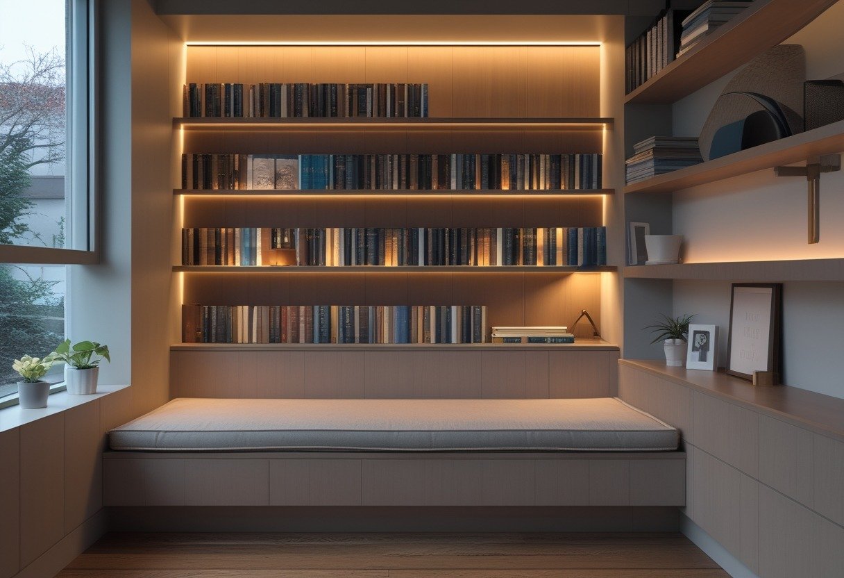 A cozy book nook with wooden shelves, books, a built-in reading lamp, and a cushioned seat in a study room.