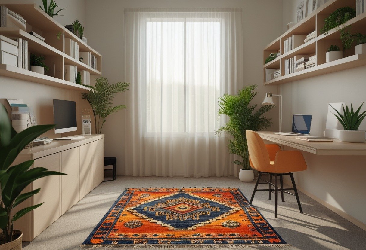 A study room with a desk on a colorful patterned rug, surrounded by shelves with books and plants, illuminated by natural light.