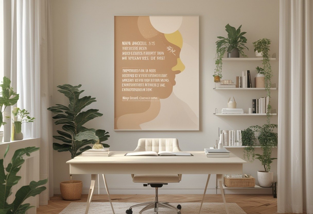 A bright study room with a neat desk, books, plants, and a framed abstract artwork on the wall, illuminated by natural light from a window.