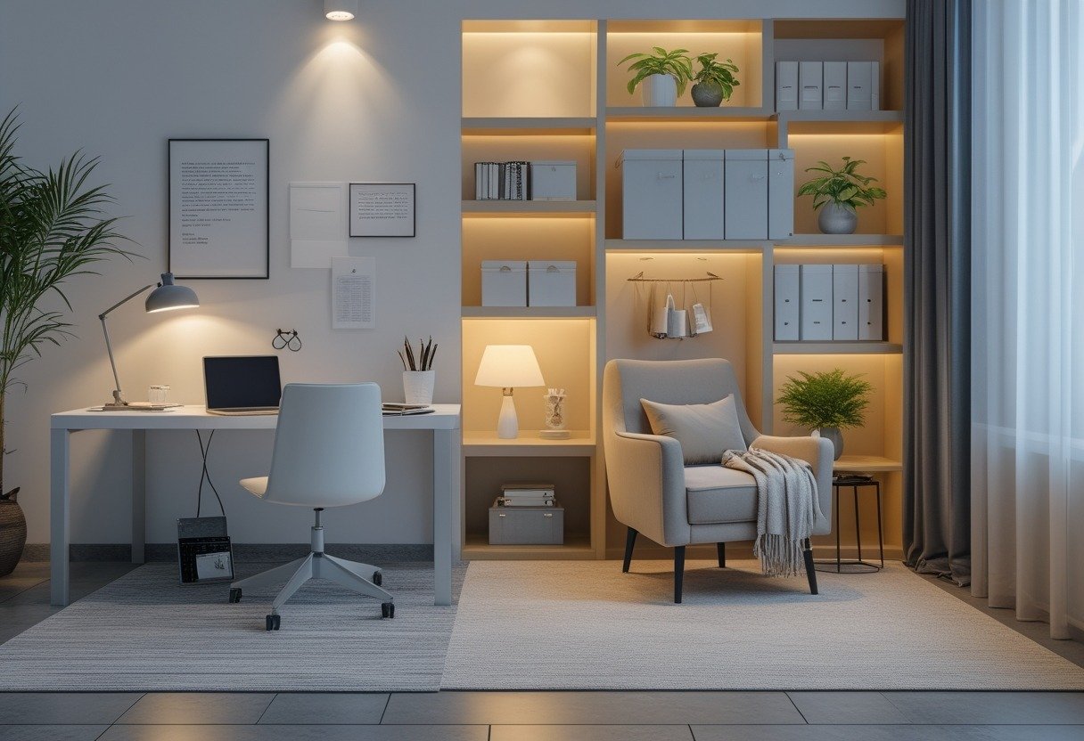 A study room with a desk, reading chair, and shelves filled with books and storage boxes.
