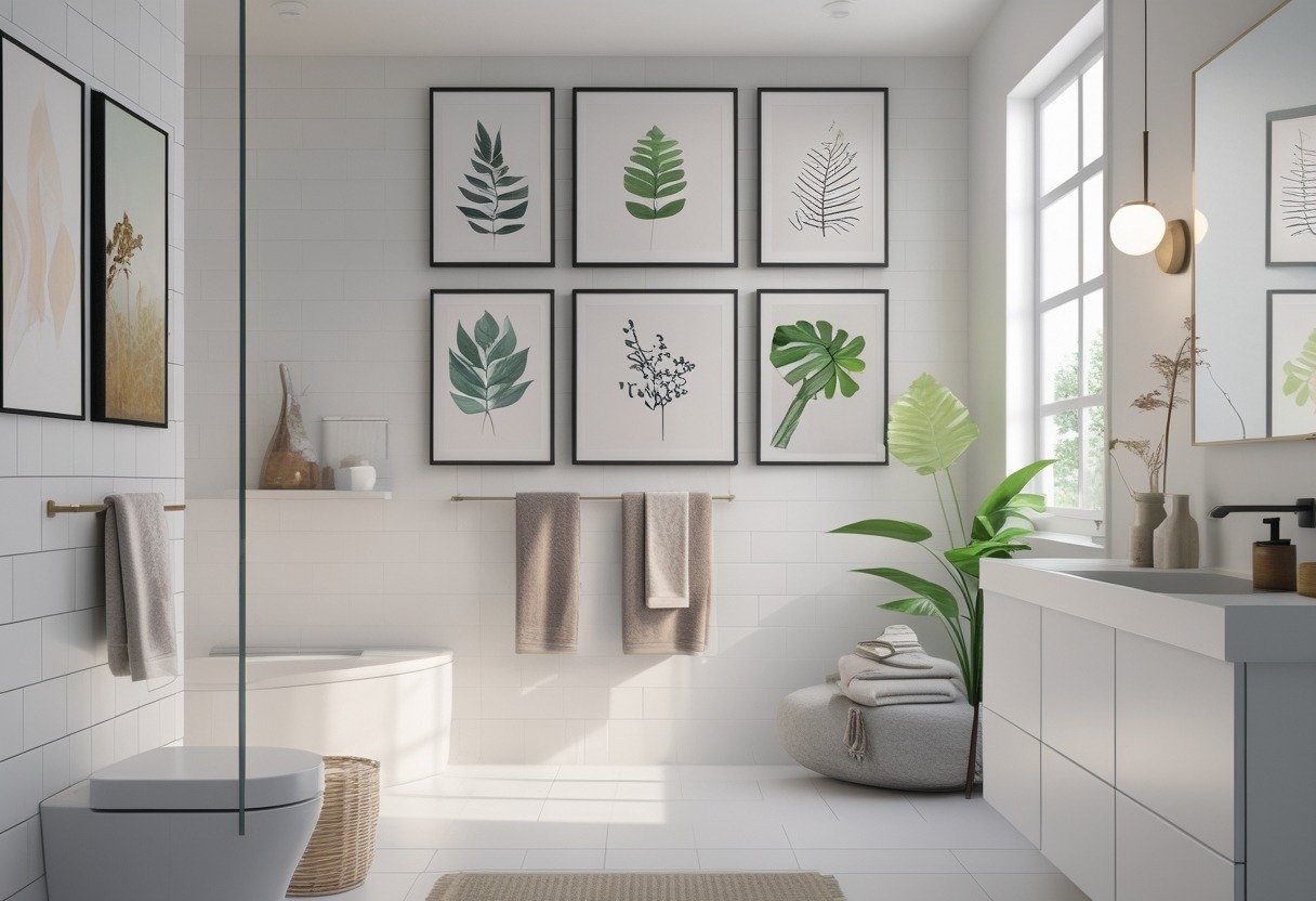 A modern bathroom with ten different pieces of wall art displayed around the walls, featuring plants, towels, and a vanity with a mirror.