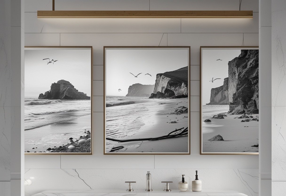 Three framed black-and-white coastal photographs hanging on a bathroom wall.