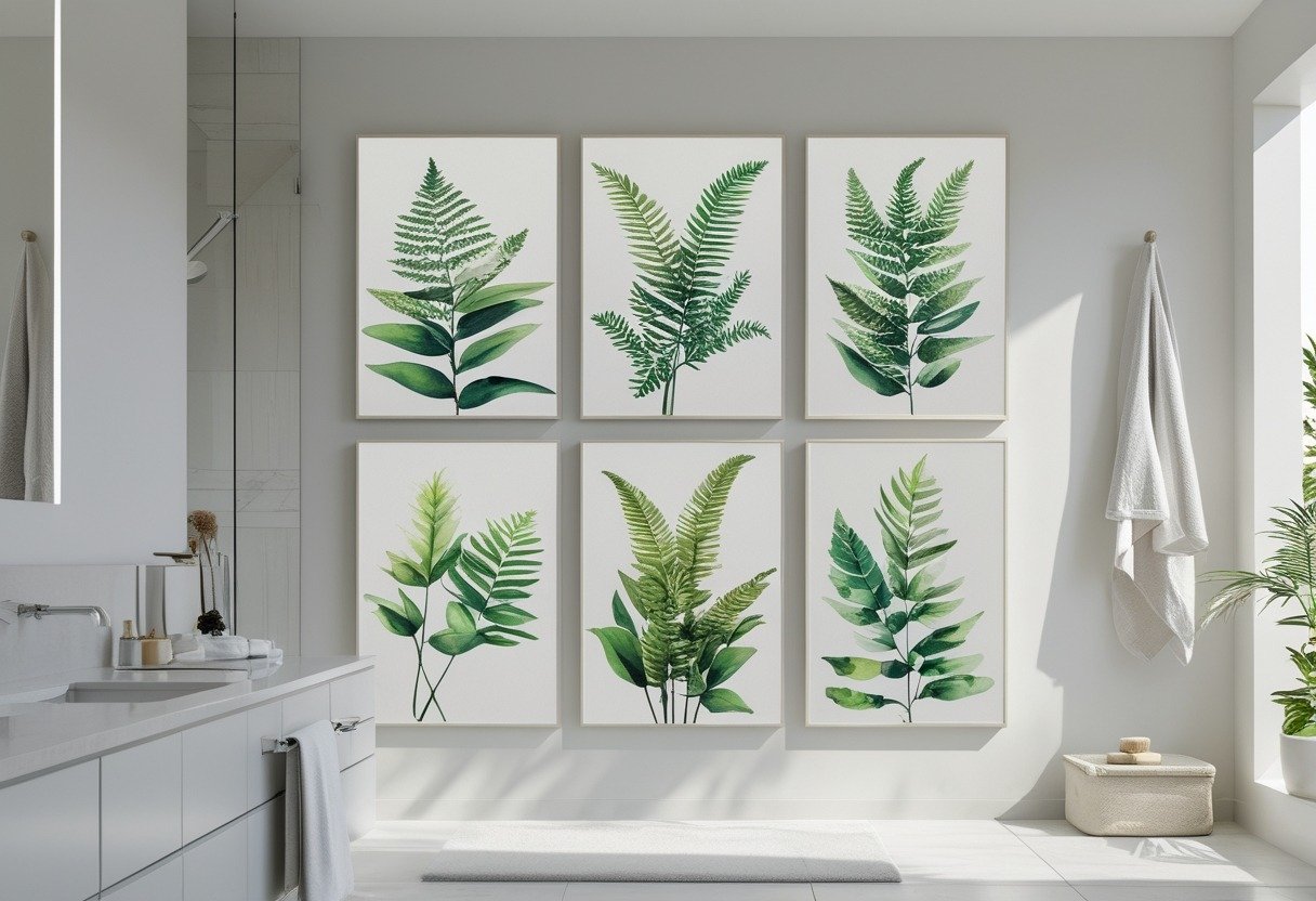 A modern bathroom wall decorated with framed botanical prints of ferns and palm leaves above a countertop with bathroom accessories.
