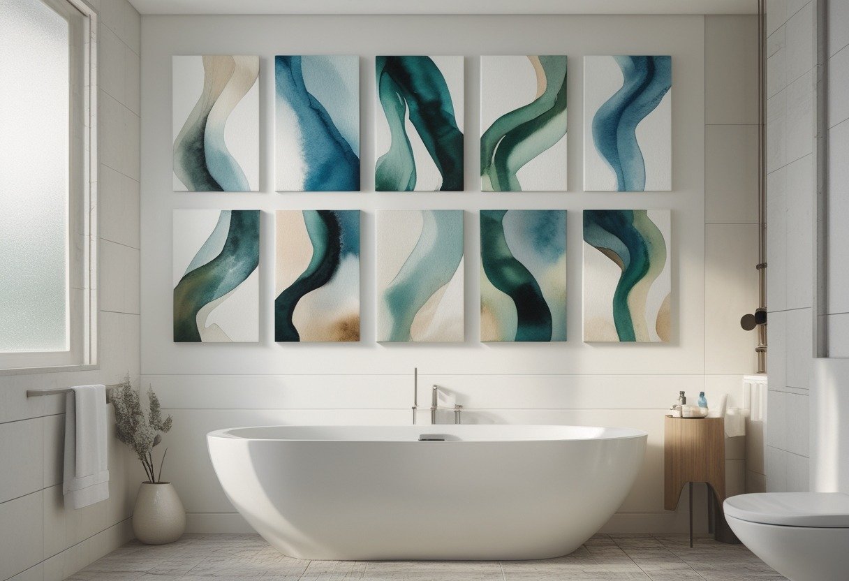 A modern bathroom with ten abstract watercolor canvas paintings displayed on the wall above a bathtub.