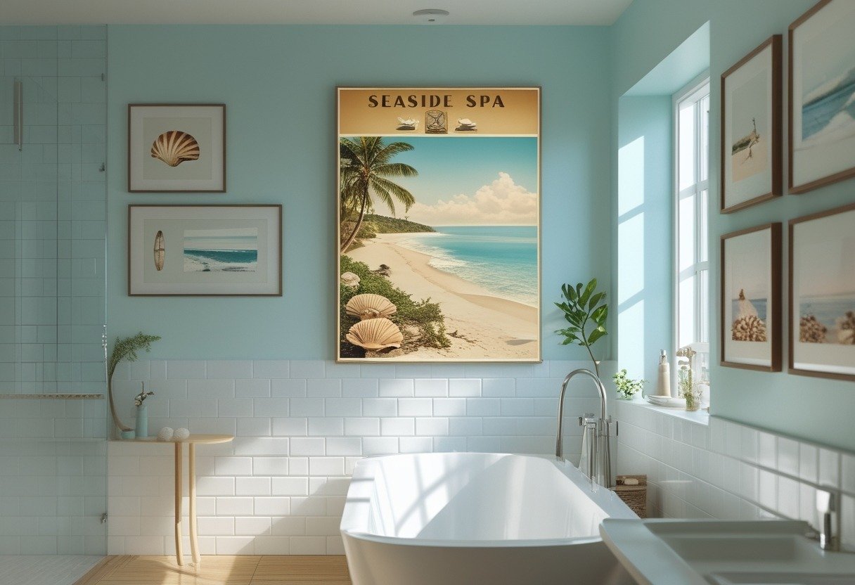 A bright bathroom with framed beach-themed pictures on the walls, a bathtub, and natural light coming through a window.