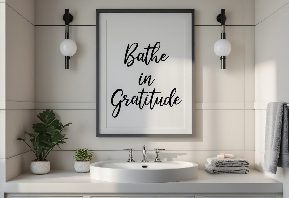 Modern bathroom interior with a framed abstract wall art above a white sink, featuring neutral tones and a small plant on the vanity.