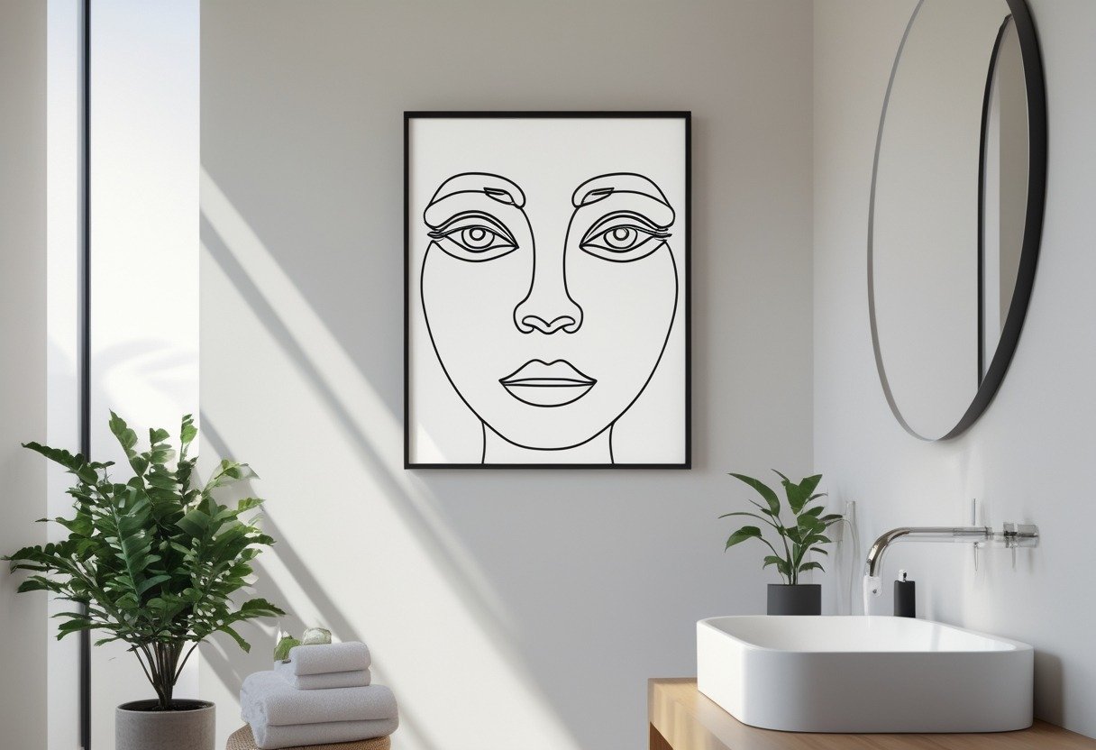 A modern bathroom with a framed minimalist line-art face print hanging on the wall above a white sink with bathroom accessories nearby.