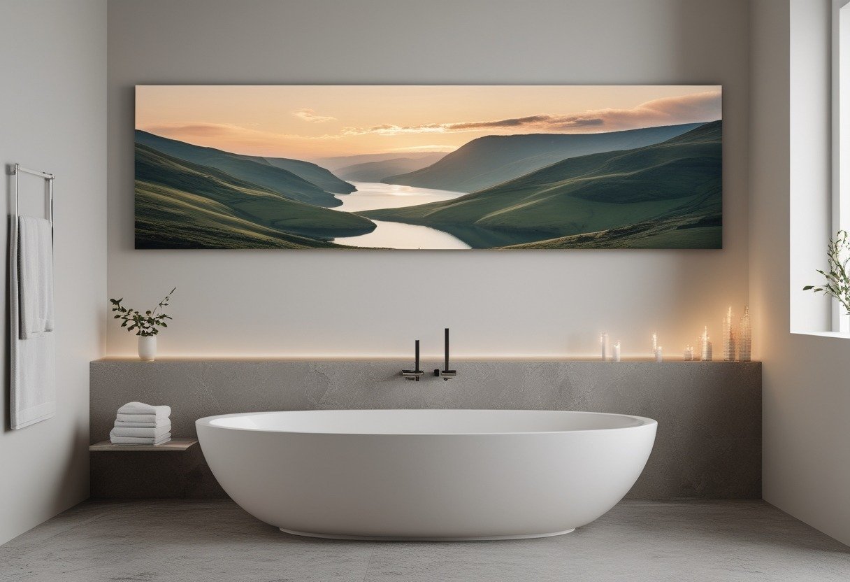 A modern bathroom with a large panoramic landscape photo above a white bathtub.