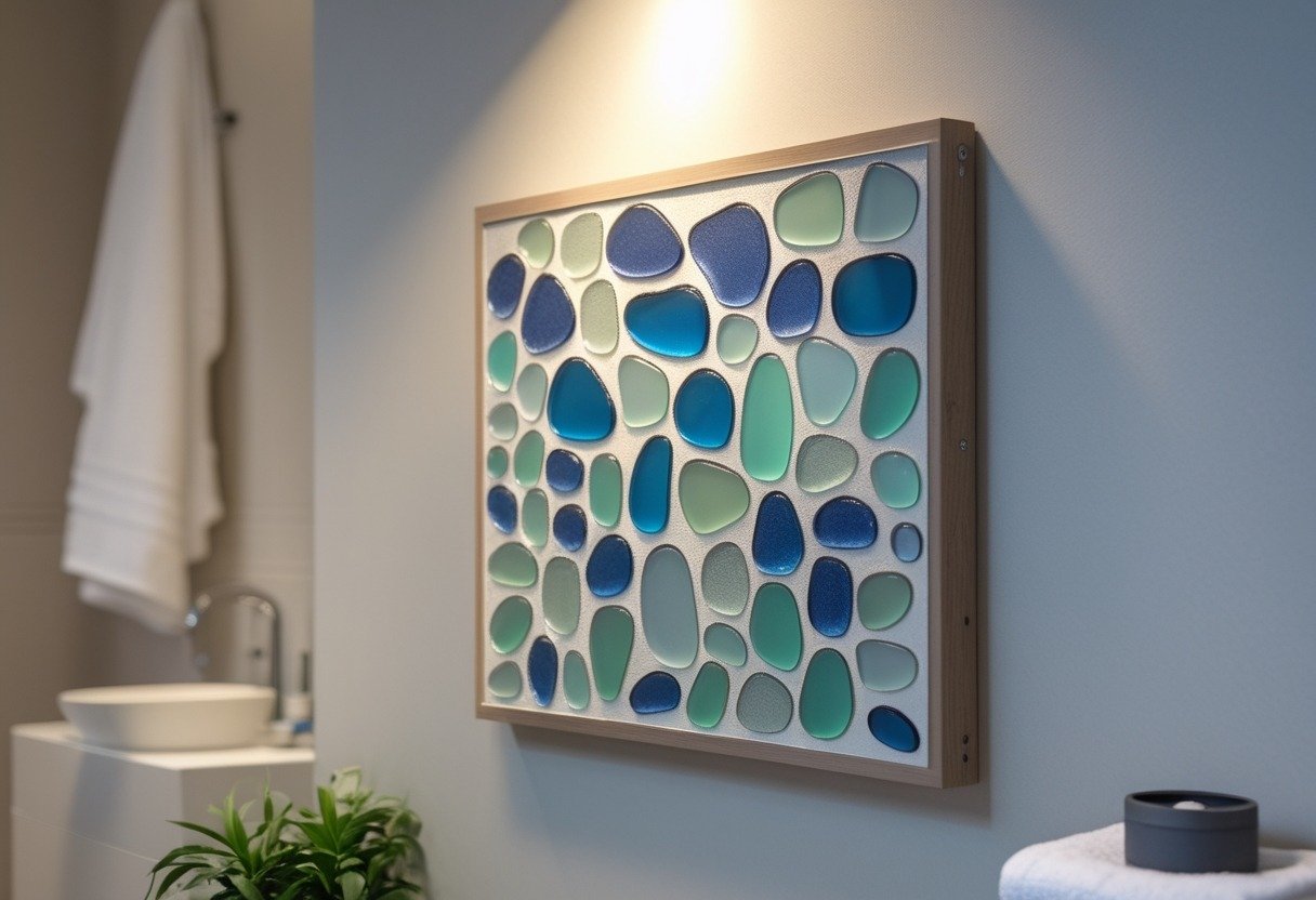 A sea glass mosaic wall plaque mounted on a bathroom wall with towels and a small plant nearby.