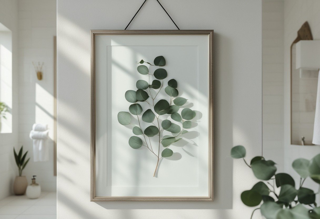 A pressed eucalyptus sprig displayed in a frame hanging on a bathroom wall with towels and plants nearby.
