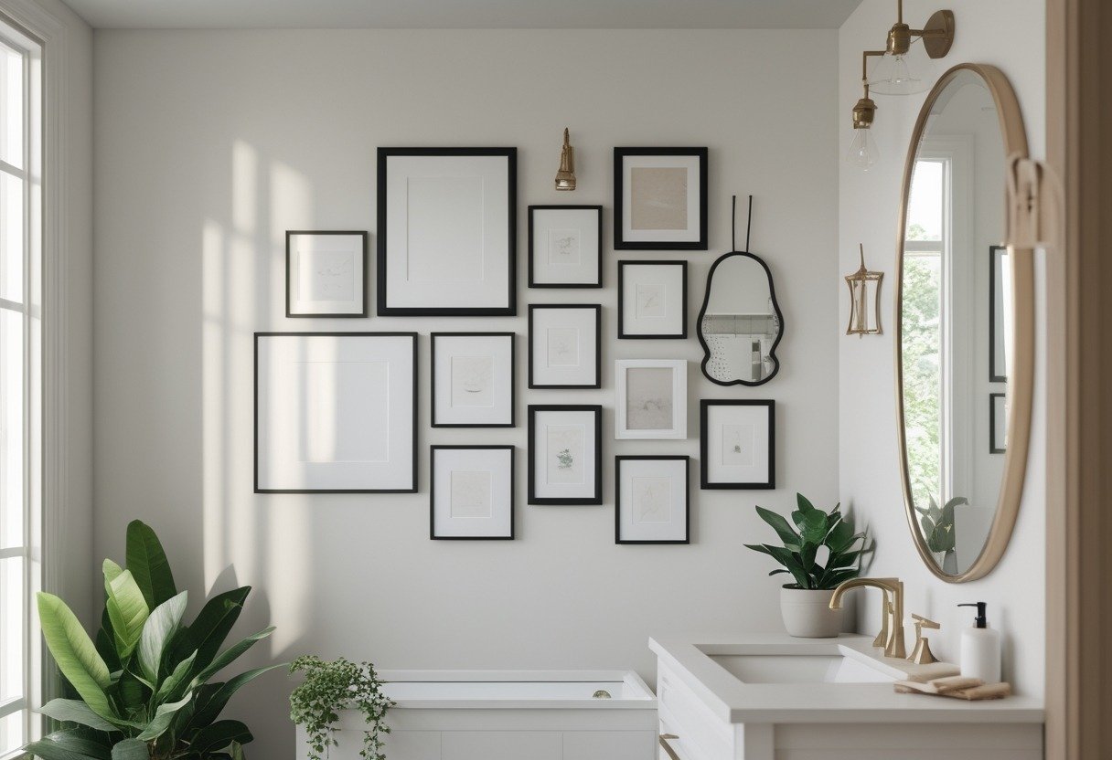 A bathroom wall decorated with a mix of small framed pictures and mirrors arranged in a gallery style above a countertop with plants and bathroom accessories.