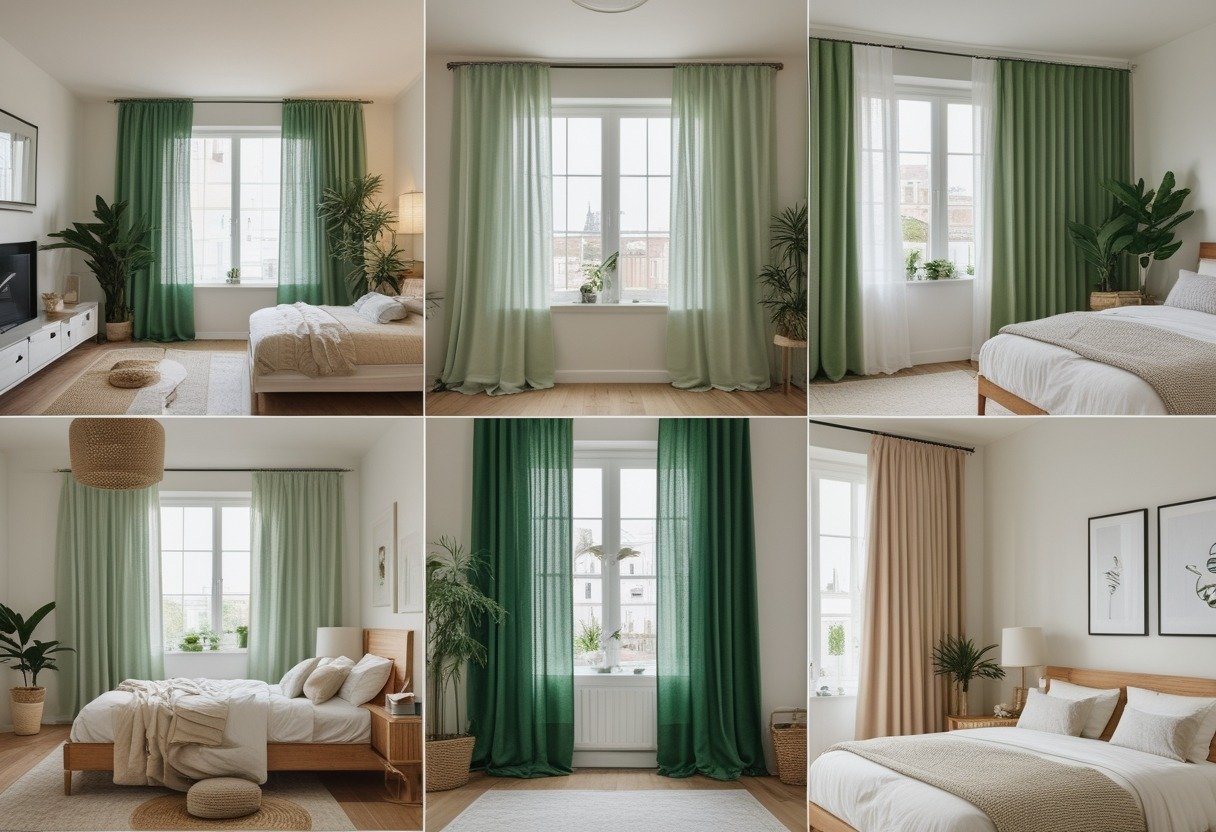 A bedroom with green curtains hanging over large windows, featuring a bed, bedside table, and natural light filling the room.